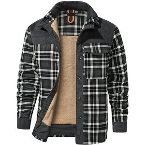 Men's Grey Long Sleeve Sherpa Lined Flannel Shirt Jacket Fleeces